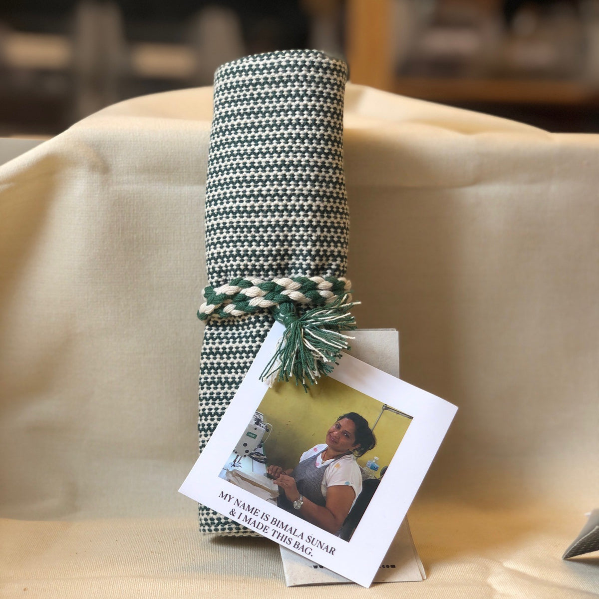Woven Pinnemappe til strømpepinner – Grønn & Hvit stripevev